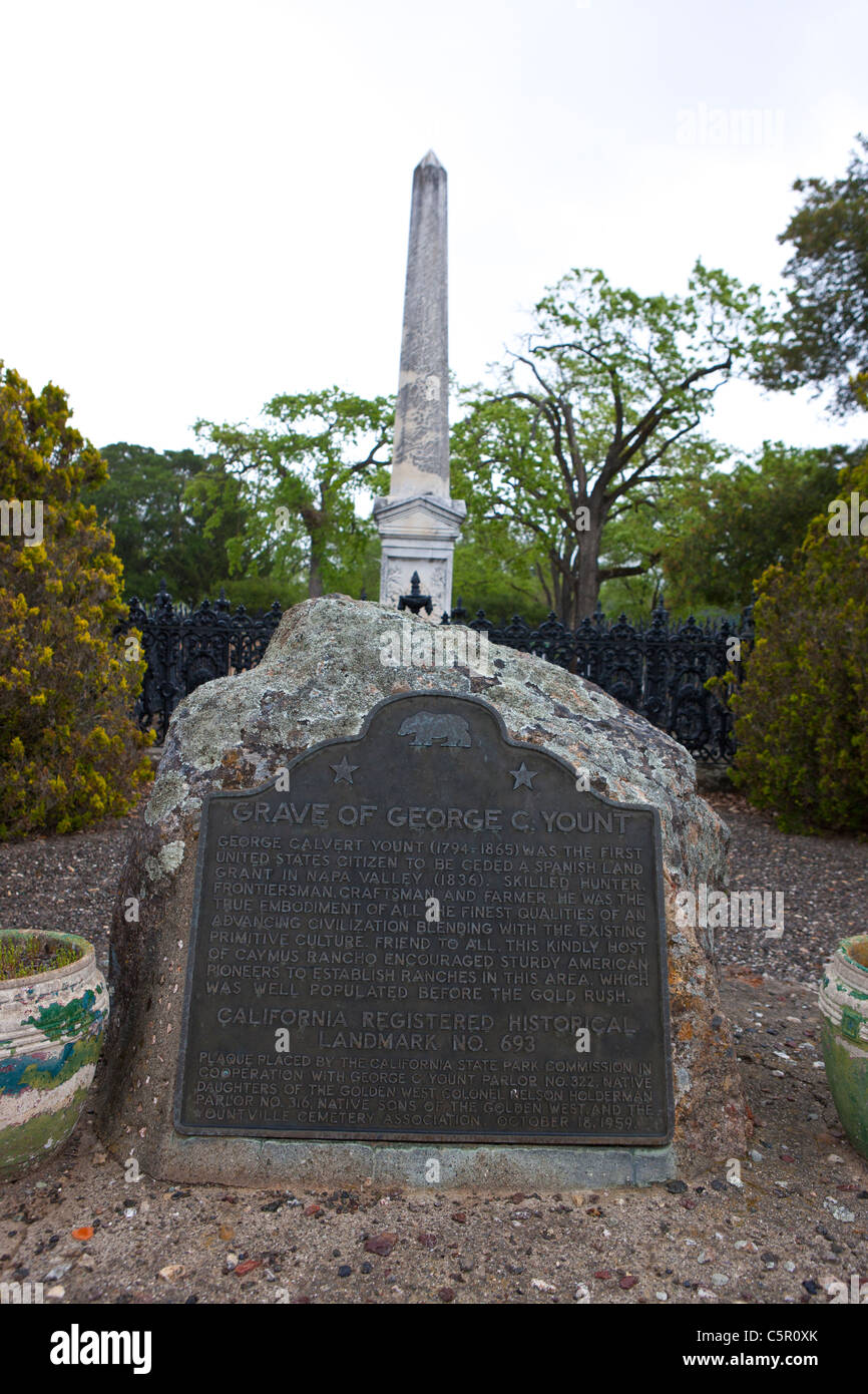 California historical marker and tombstone marking the grave of George C. Yount, Yountville, California, USA Stock Photo
