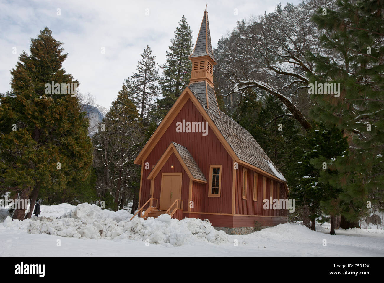 Yosemite Chapel with snow on the ground during winter, Yosemite National Park, California, United States of America Stock Photo