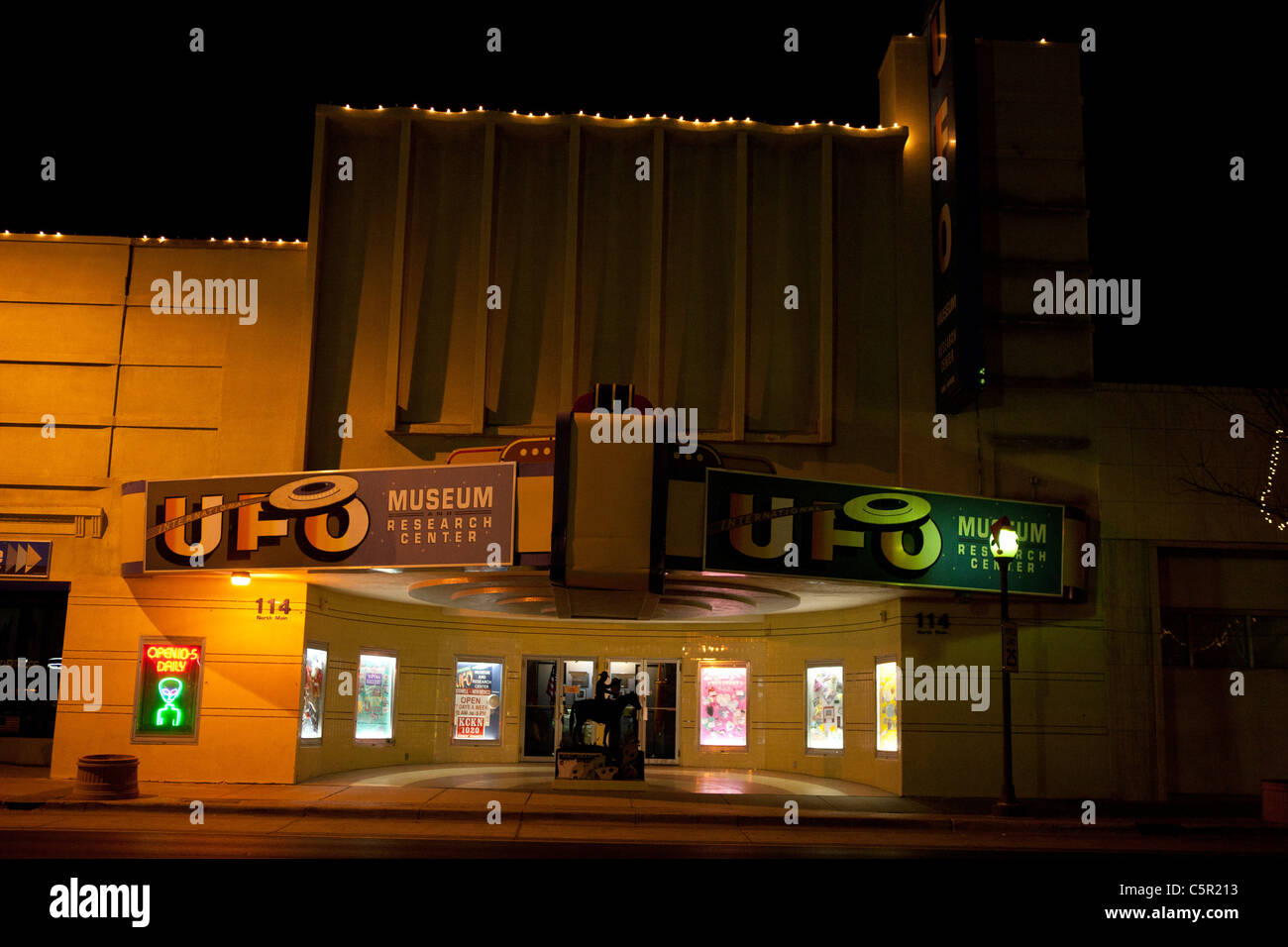 Exterior of the UFO Museum and Research Center at night, Roswell, New Mexico, United States of America Stock Photo
