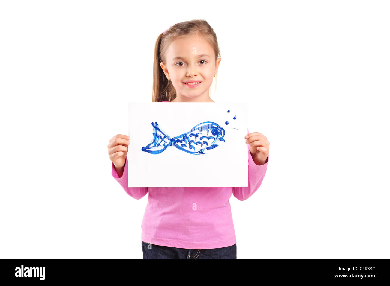Portrait of pretty girl with drawing of fish looking at camera Stock Photo
