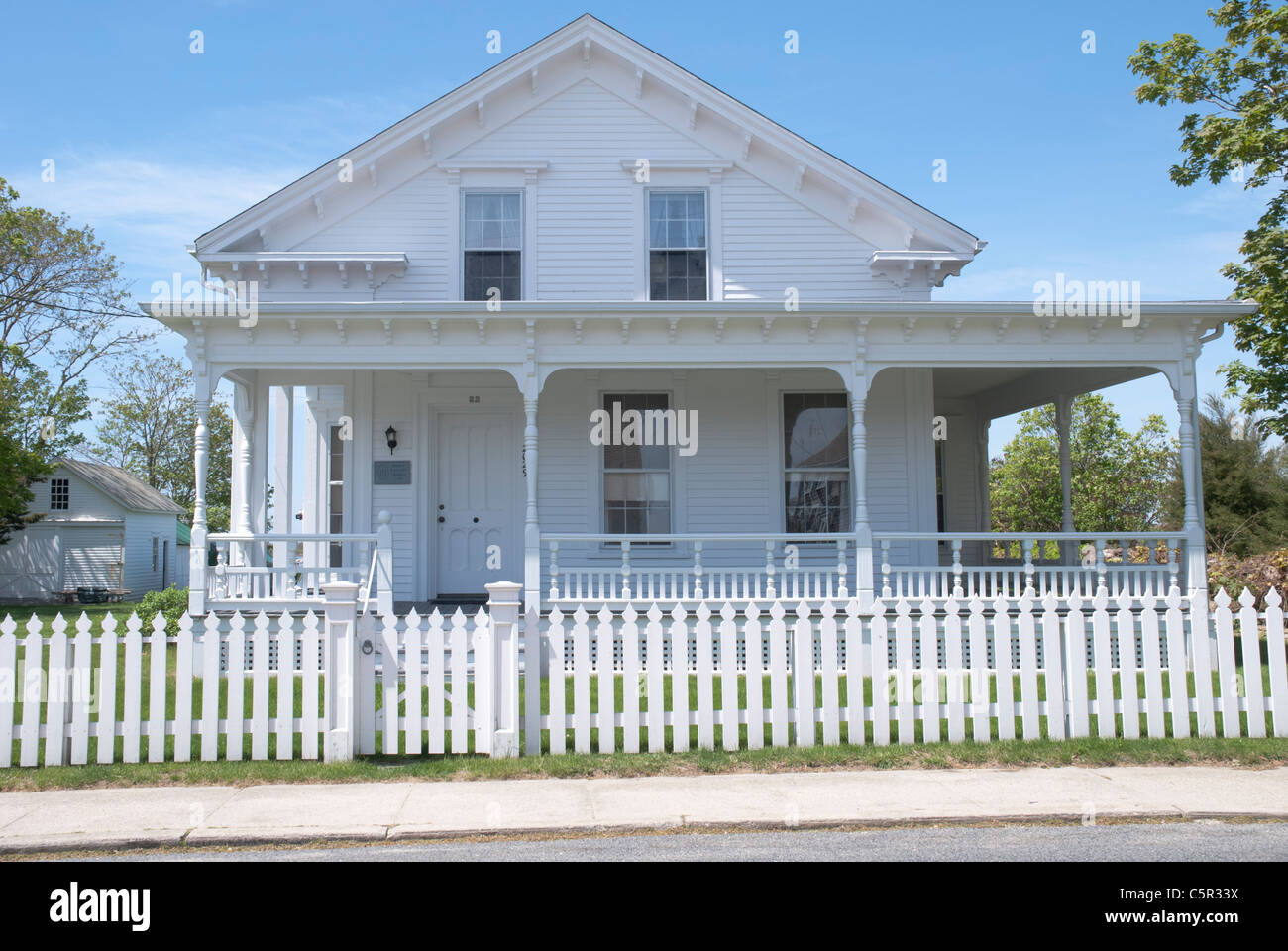 Old homes line the main street in old Westport, Massachusetts. Stock Photo