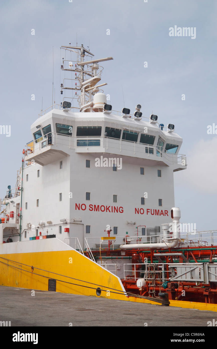 No Smoking sign in English anf Spanish (No Fumar) on oil tanker Stock Photo