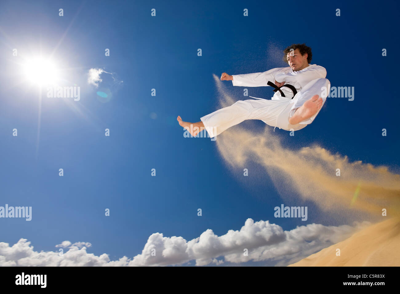 Black belt martial artist in flying attack Stock Photo Alamy