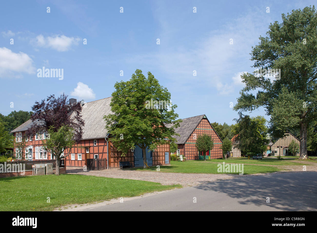 half-timbered houses in the round village Satemin, Wendland, Lower Saxony, Germany Stock Photo