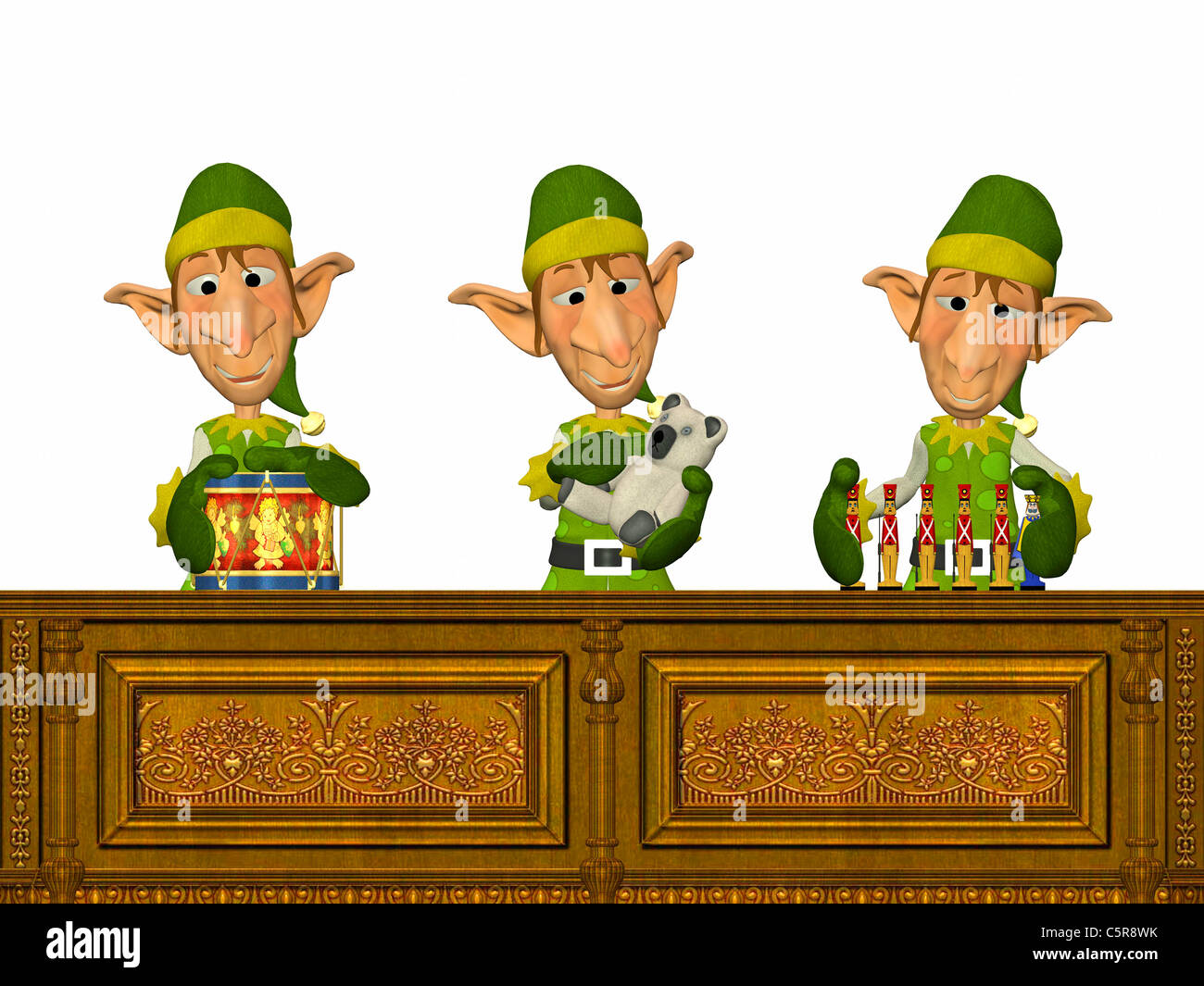 Illustration of three Christmas Elves making toys Stock Photo - Alamy