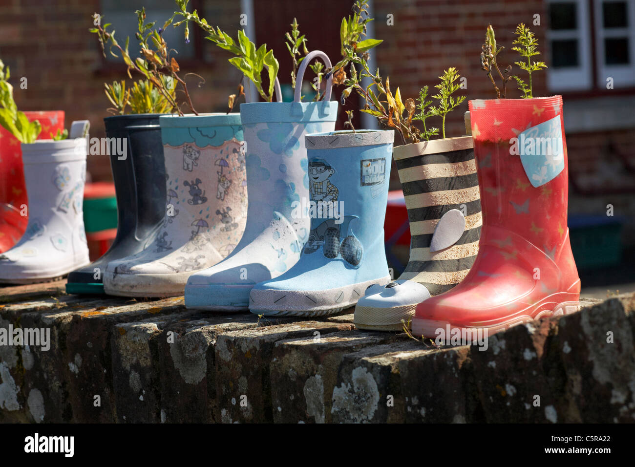 row of wellington boots on wall used for growing plants Stock Photo