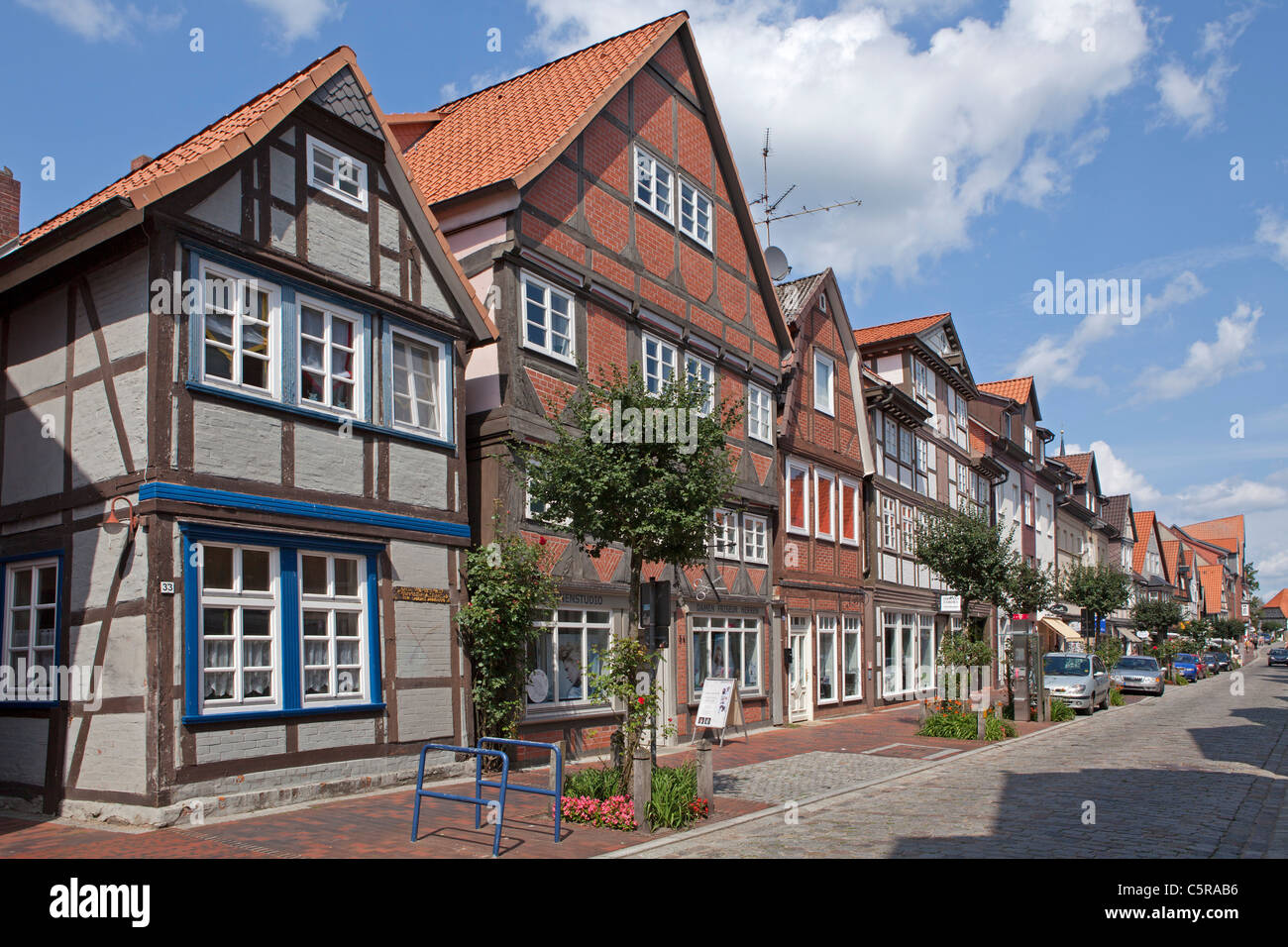 half-timbered houses in Lange Strasse, Dannenberg, Lower Saxony, Germany Stock Photo