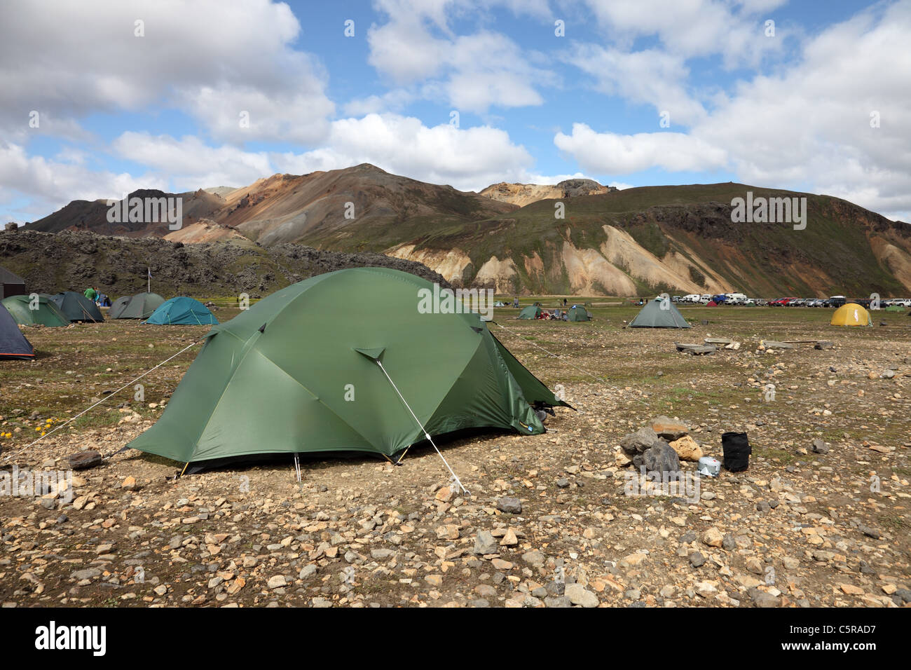 Tents at Landmannalaugar with the Colourful Volcanic Rhyolite Mountains