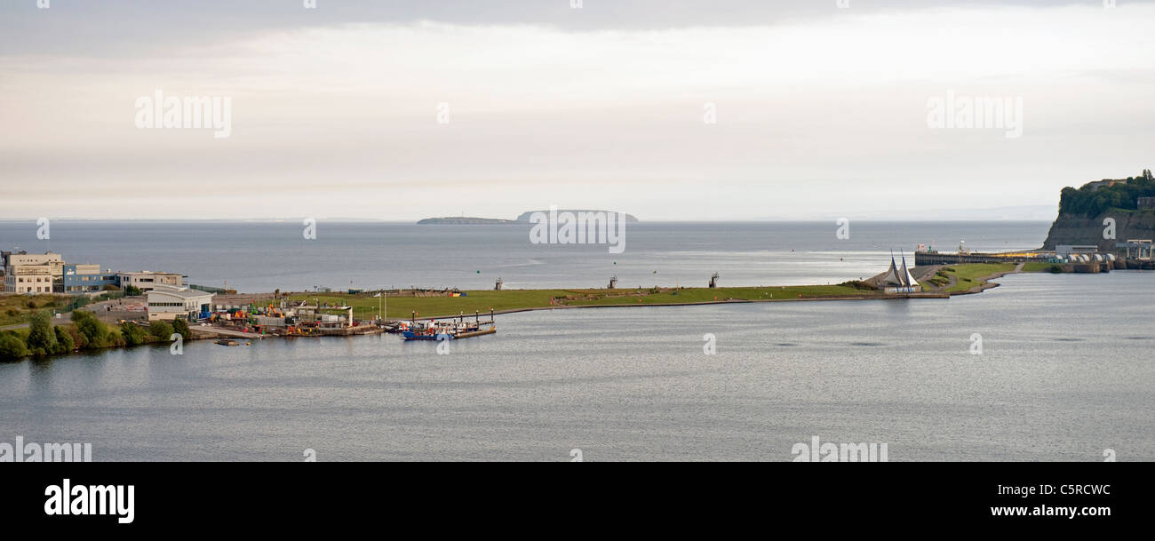 Panoramic view of Cardiff Bay Barrage with Flat Holm and Steep Holm in the distance. Stock Photo