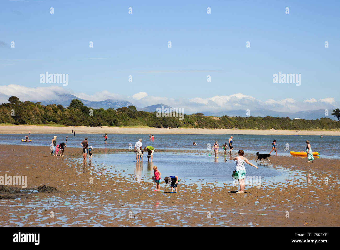 Holidaymakers playing in a tide pool on a sandy beach at low tide in ...