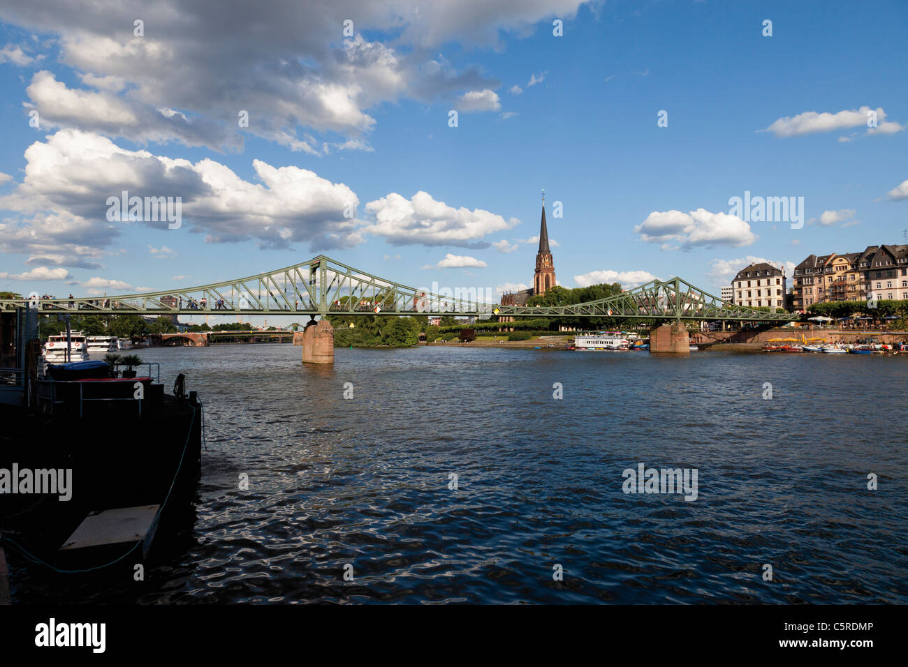 Europe, Germany, Hesse, Frankfurt, View of Eiserner Steg with city in background Stock Photo