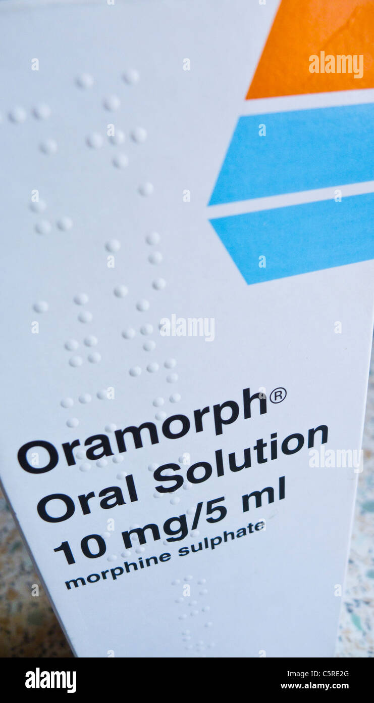 Box containing medication Oramorph, oral solution. Stock Photo