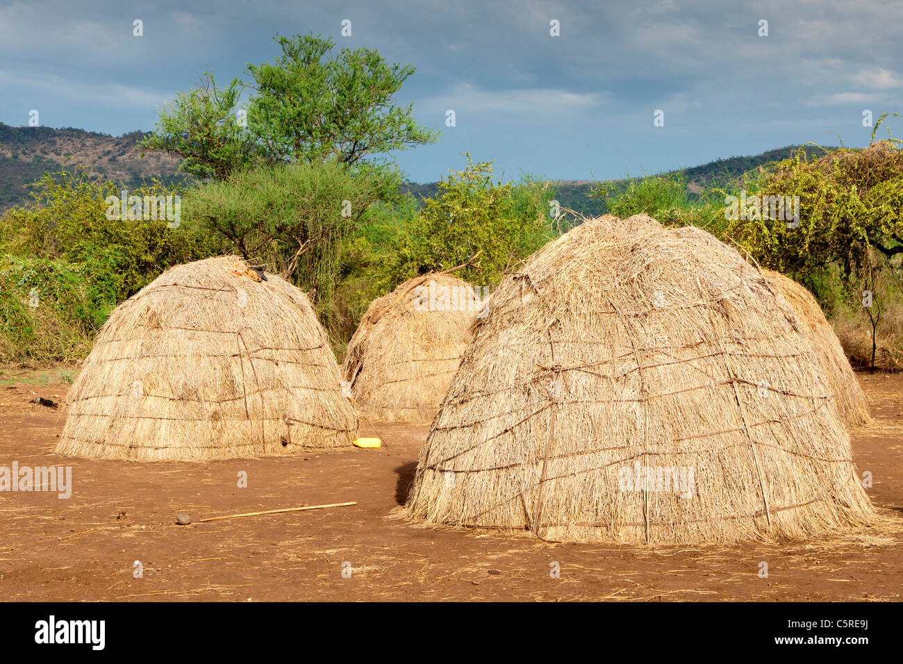 A traditional Mursi tribal village in Mago National Park in the Lower Omo Valley, Southern Ethiopia, Africa. Stock Photo