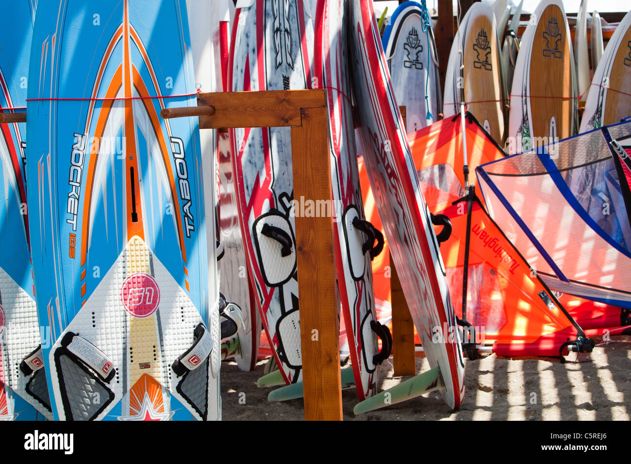 Windsurfing boards at an activity holiday centre in Skala Eresou, on Lesbos, Greece. Stock Photo