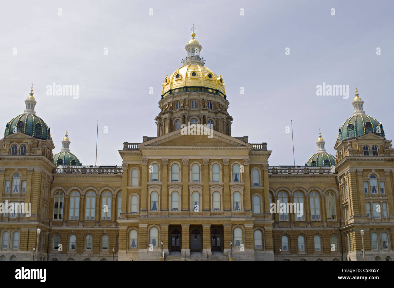 iowa state capitol building showing entrance and front facade including top of domes Stock Photo