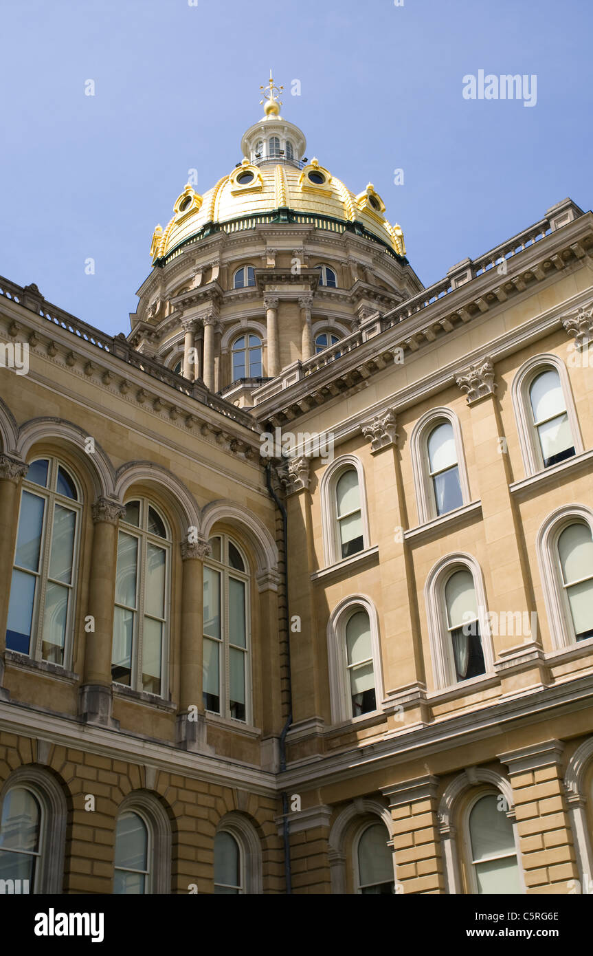 iowa state capitol main dome and building up close under blue skies Stock Photo