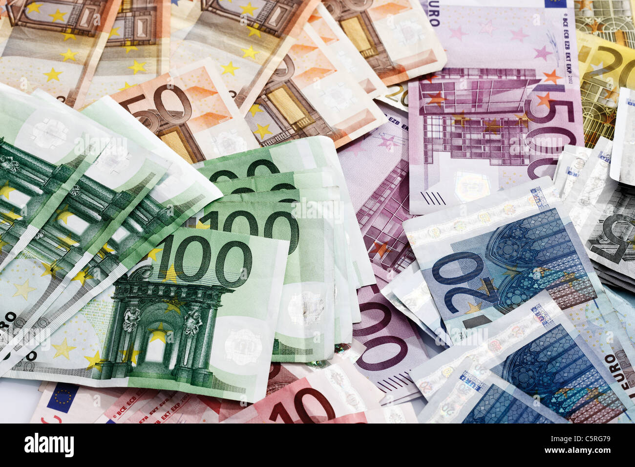 Various Euro bank notes, elevated view Stock Photo