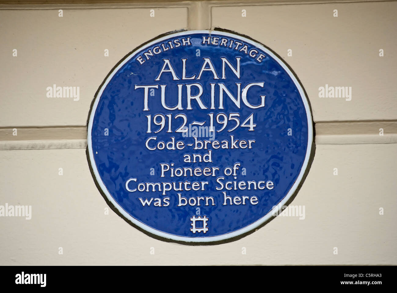 english heritage blue plaque marking the birthplace of mathematician, codebreaker and computer pioneer, alan turing Stock Photo