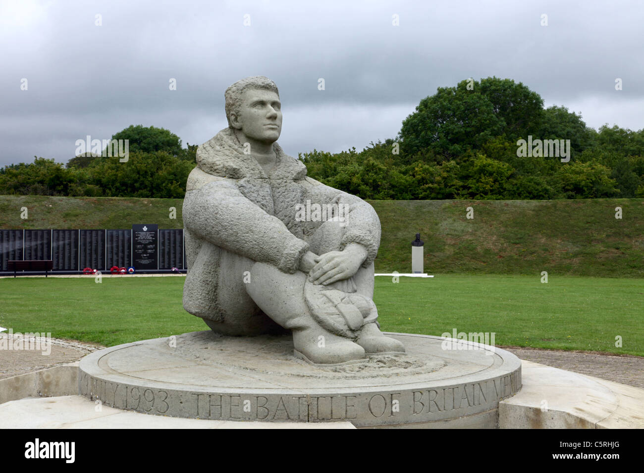 Statue of young seated pilot at Battle of Britain Memorial Capelle