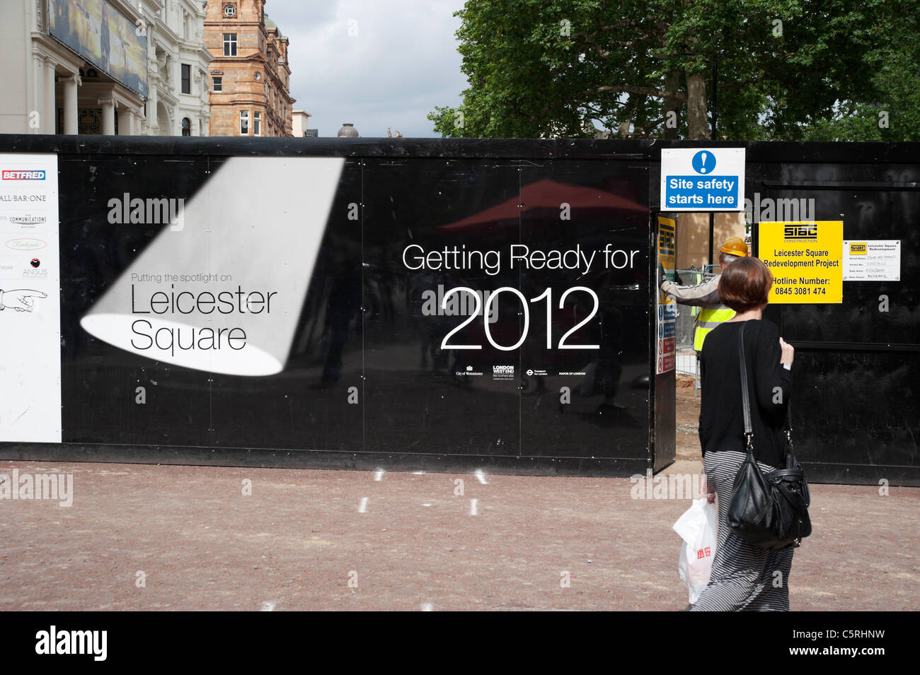 Undergoing refurbishment works on Leicester square, limiting access to it, London, UK. Stock Photo