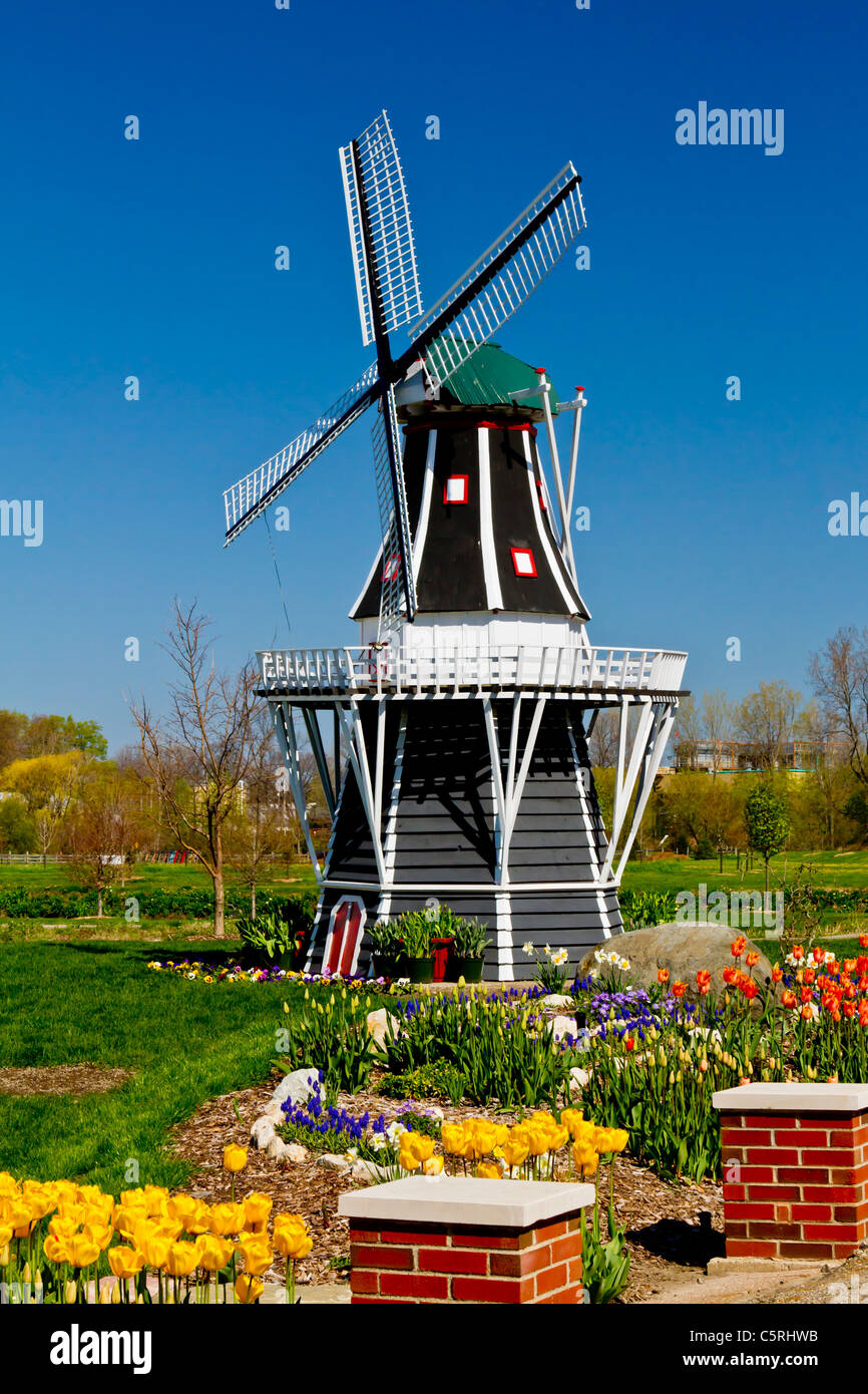 A windmill with spring tulip flowers on Windmill Island in Holland, Michigan, USA. Stock Photo