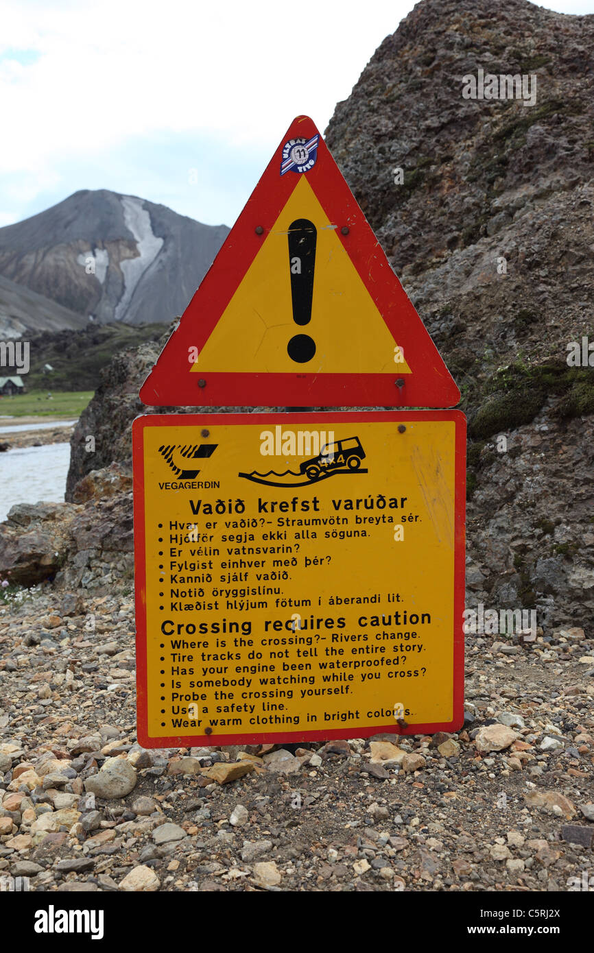 Warning Sign at the Namskvisl River Crossing Landmannalaugar in the Fjallabak Area of Iceland Stock Photo