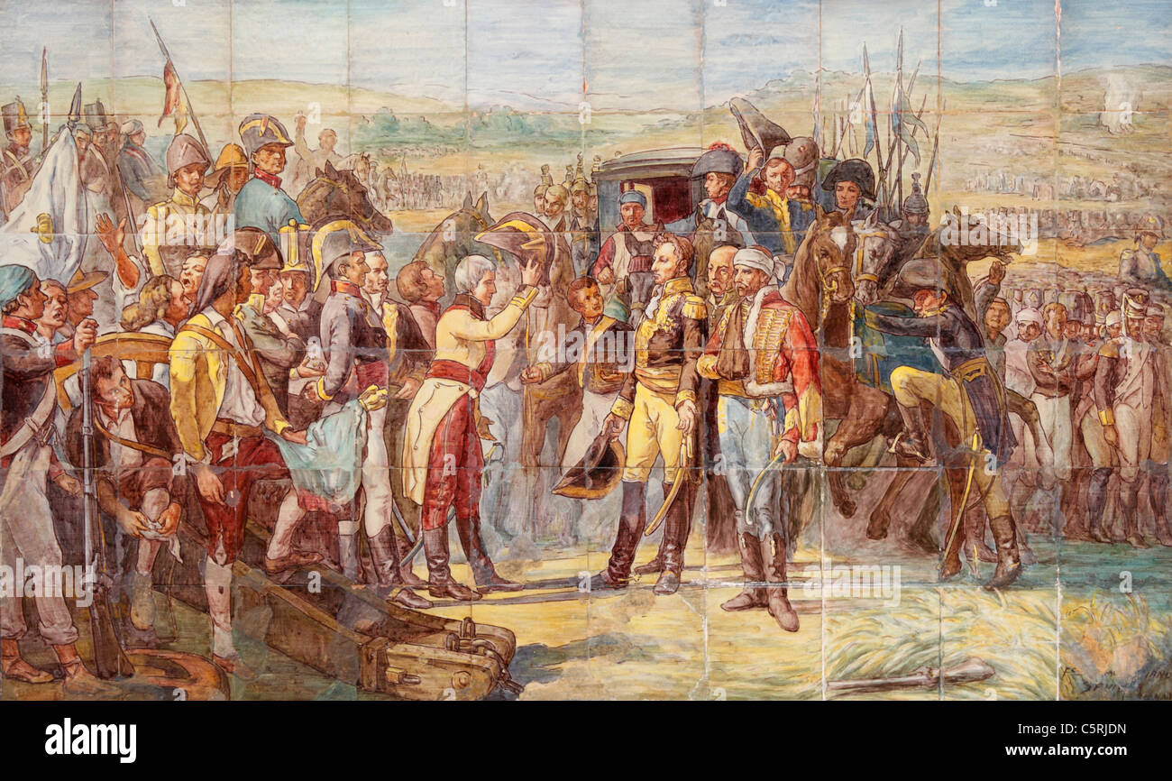Tiles depicting surrender by French forces during Battle of Bailen near Jaen, Andalusia, Spain in 1808 Stock Photo