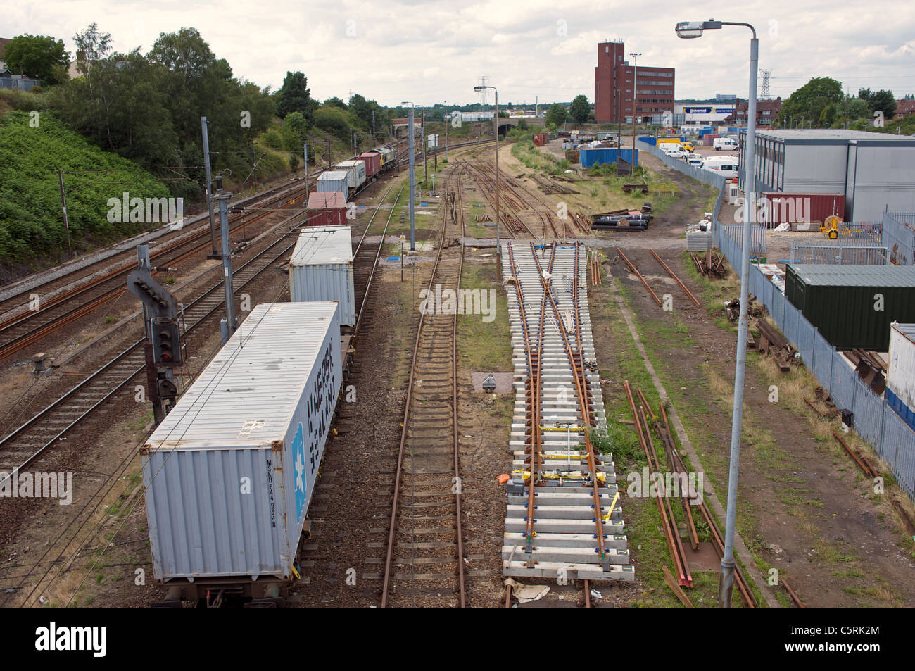 Freight train leaving the Ipswich marshalling yard on route to the port of Felixstowe, Suffolk