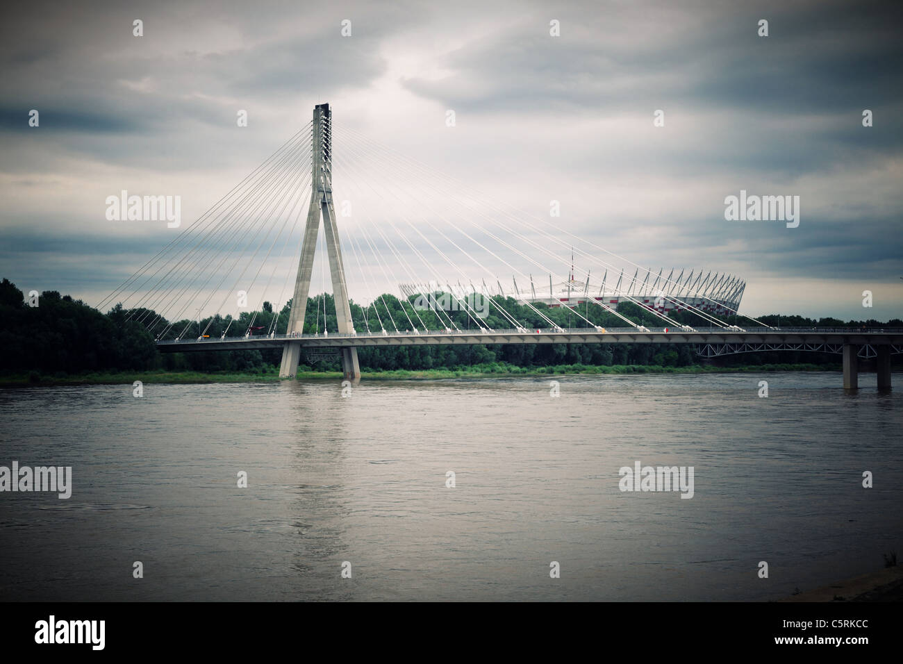 warsaw, bridge on Vistula river and stadium background Stock Photo