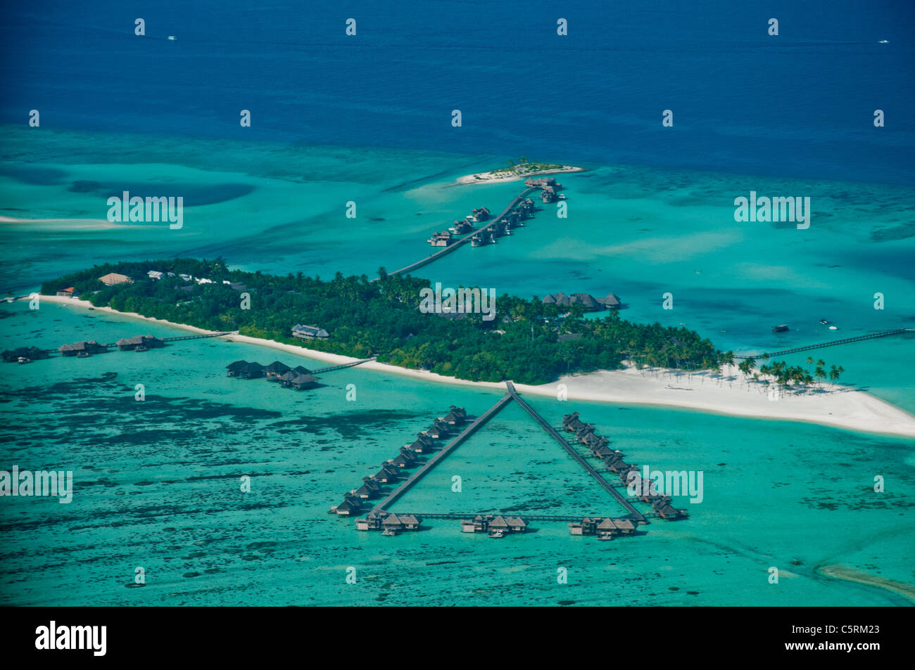 Aerial view of an Inhabited Maldivian island, The Maldives Stock Photo
