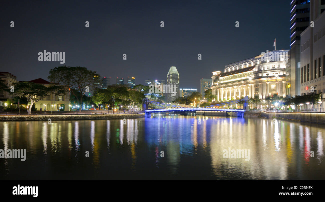 Boat Quay at Singapore River at night with Fullerton Hotel, Singapore, Southeast Asia, Asia Stock Photo