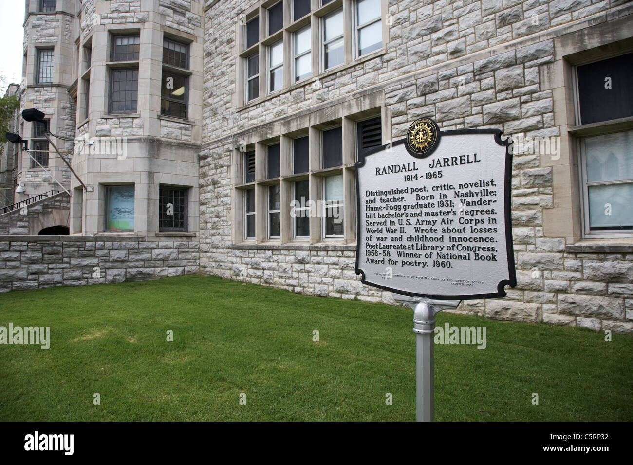 memorial plate marker for randall jarrell outside Hume Fogg high school Nashville Tennessee USA Stock Photo