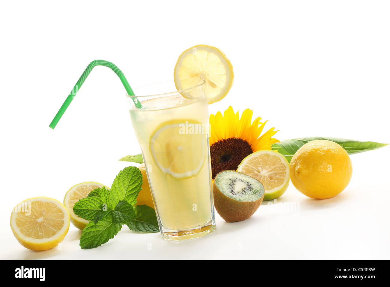 Iced drink with mint, citrus fruit and sunflower. Stock Photo