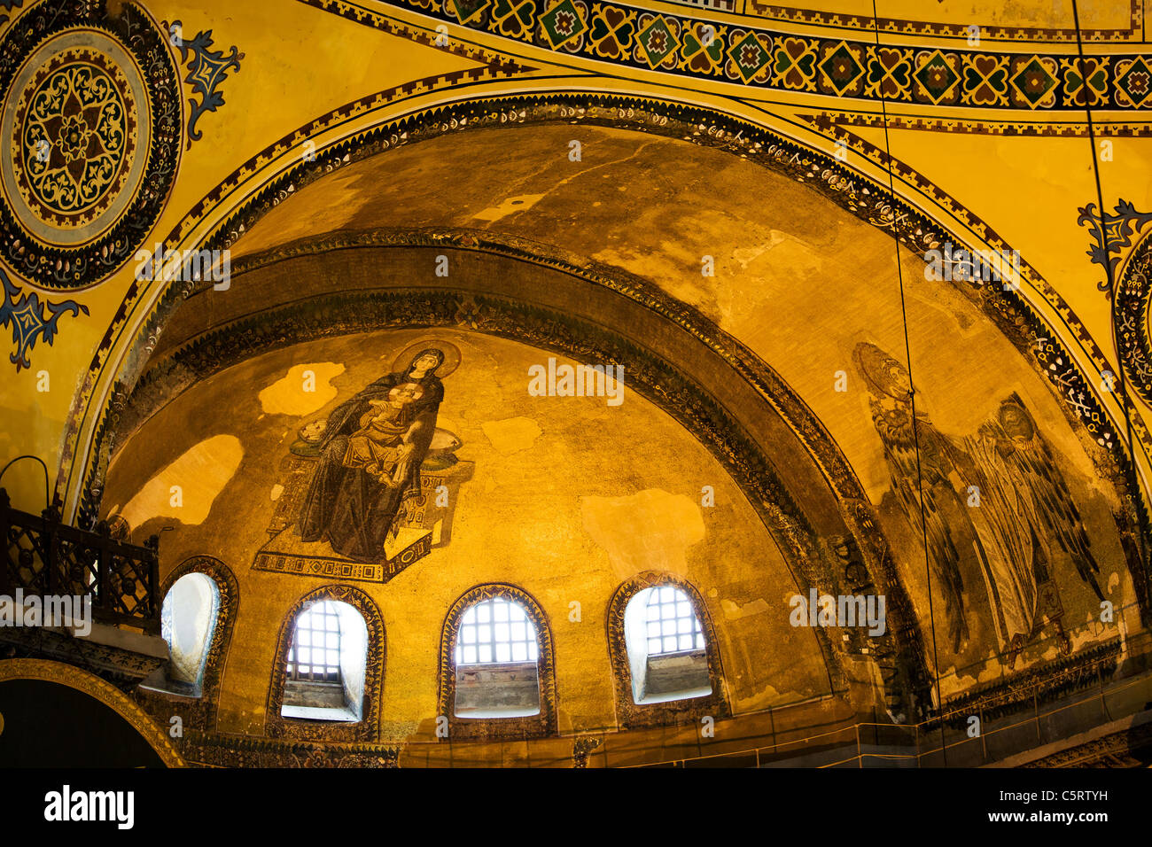 Blessed Virgin Mary with baby Jesus and Guardian Angel Byzantine art on the Hagia Sophia apse in Istanbul, Turkey Stock Photo
