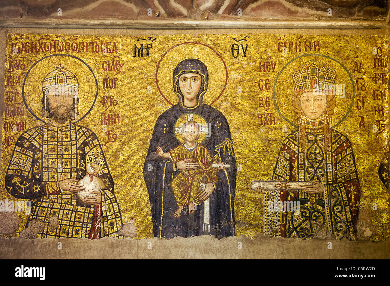 Byzantine mosaic of Virgin Mary and Jesus Christ with Emperor and Empress in the Hagia Sofia, Istanbul, Turkey Stock Photo