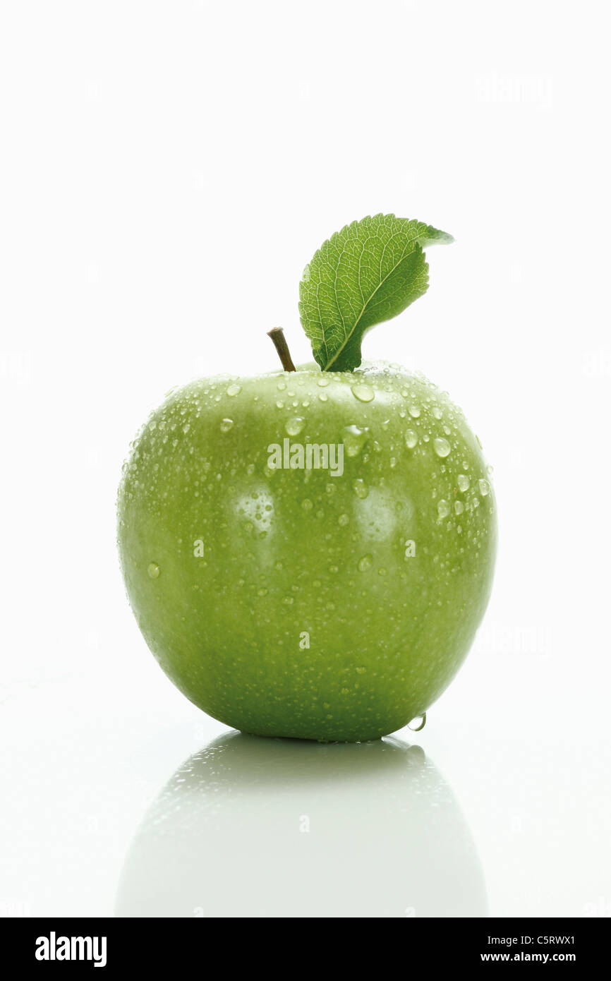 Green apple with leaf Stock Photo