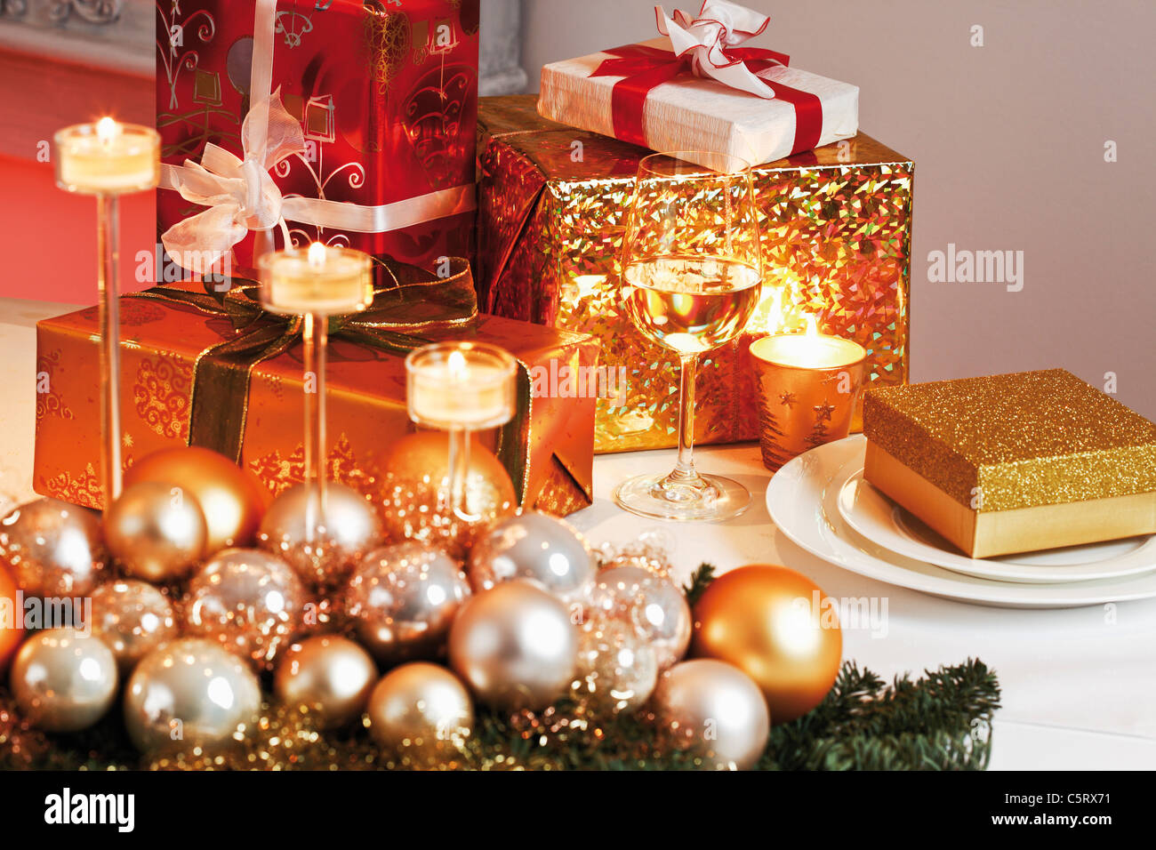 Christmas decoration and christmas parcels on table Stock Photo