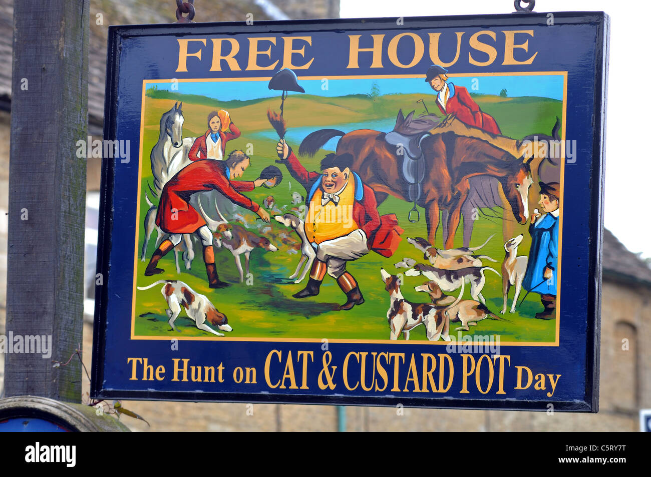 The Cat and Custard Pot Inn sign, Shipton Moyne, Gloucestershire, England, UK Stock Photo