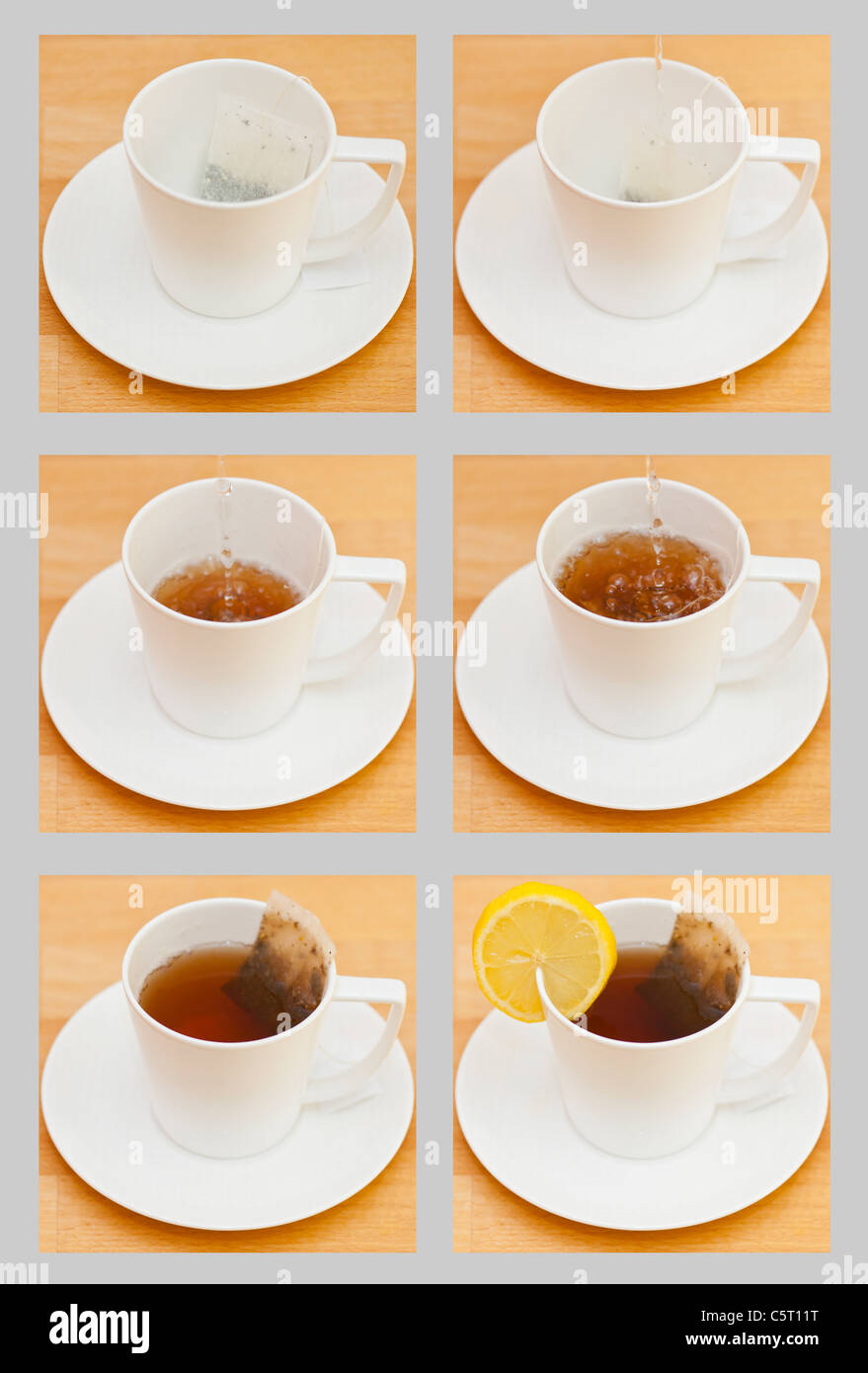 A sequence of pictures describing the making of a cup of tea Stock