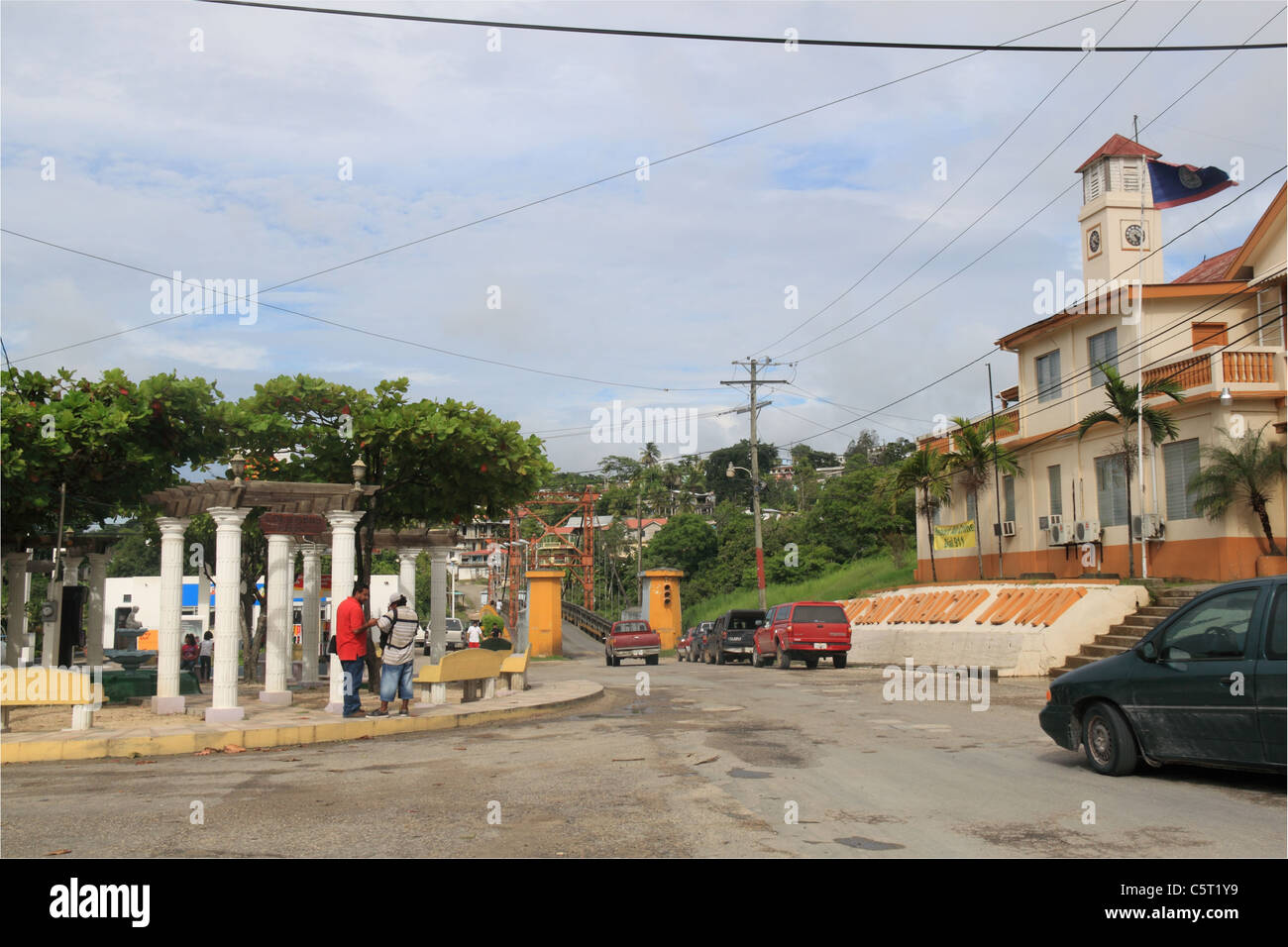 Main square, Hawkesworth Bridge and Police Station, town centre, San Ignacio, Cayo, west Belize, Central America Stock Photo