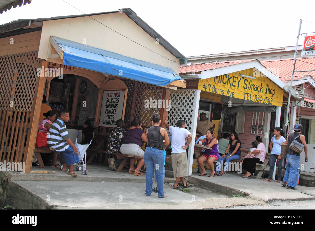 Mincho's and Mickey's fast food stalls on Burns Avenue in the town centre, San Ignacio, Cayo, west Belize, Central America Stock Photo