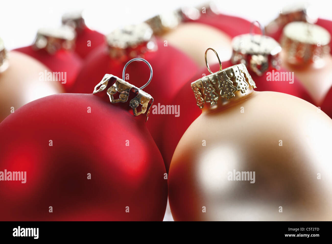 Christmas decoration, red and golden christmas baubles, close-up Stock Photo