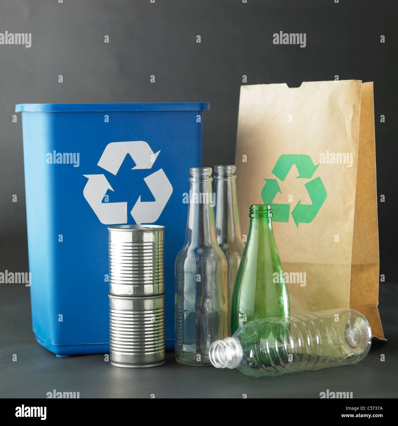 Recycling bins and paper bag Stock Photo Alamy