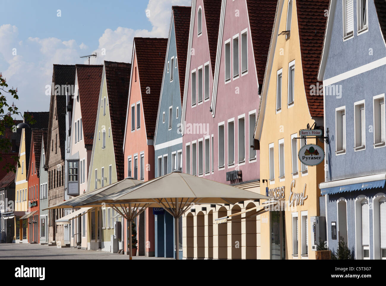 Germany, Bavaria, Upper Palatinate, Freystadt, View of multicoloured houses Stock Photo