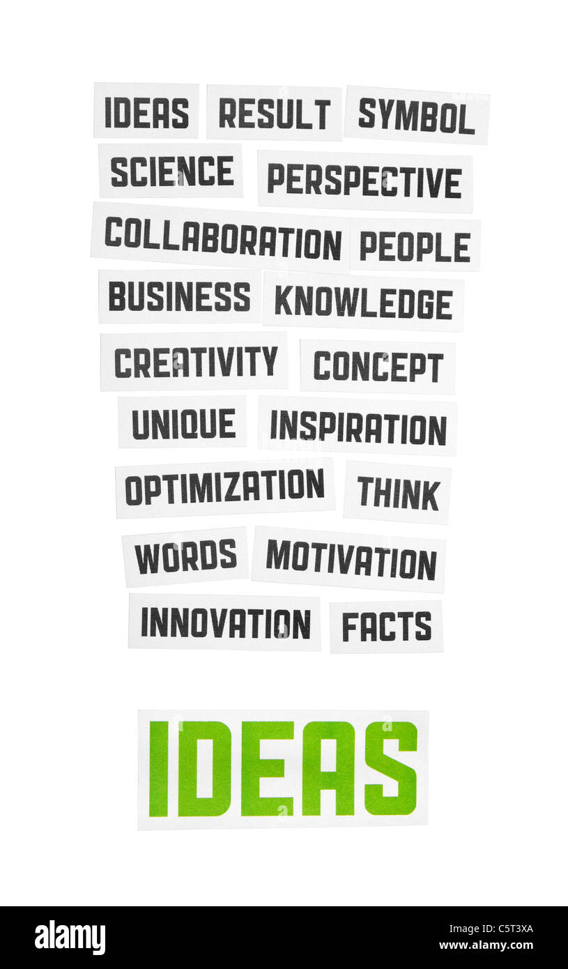 Ideas sign. Cut pieces of paper with text on ideas theme. Isolated on white. Stock Photo