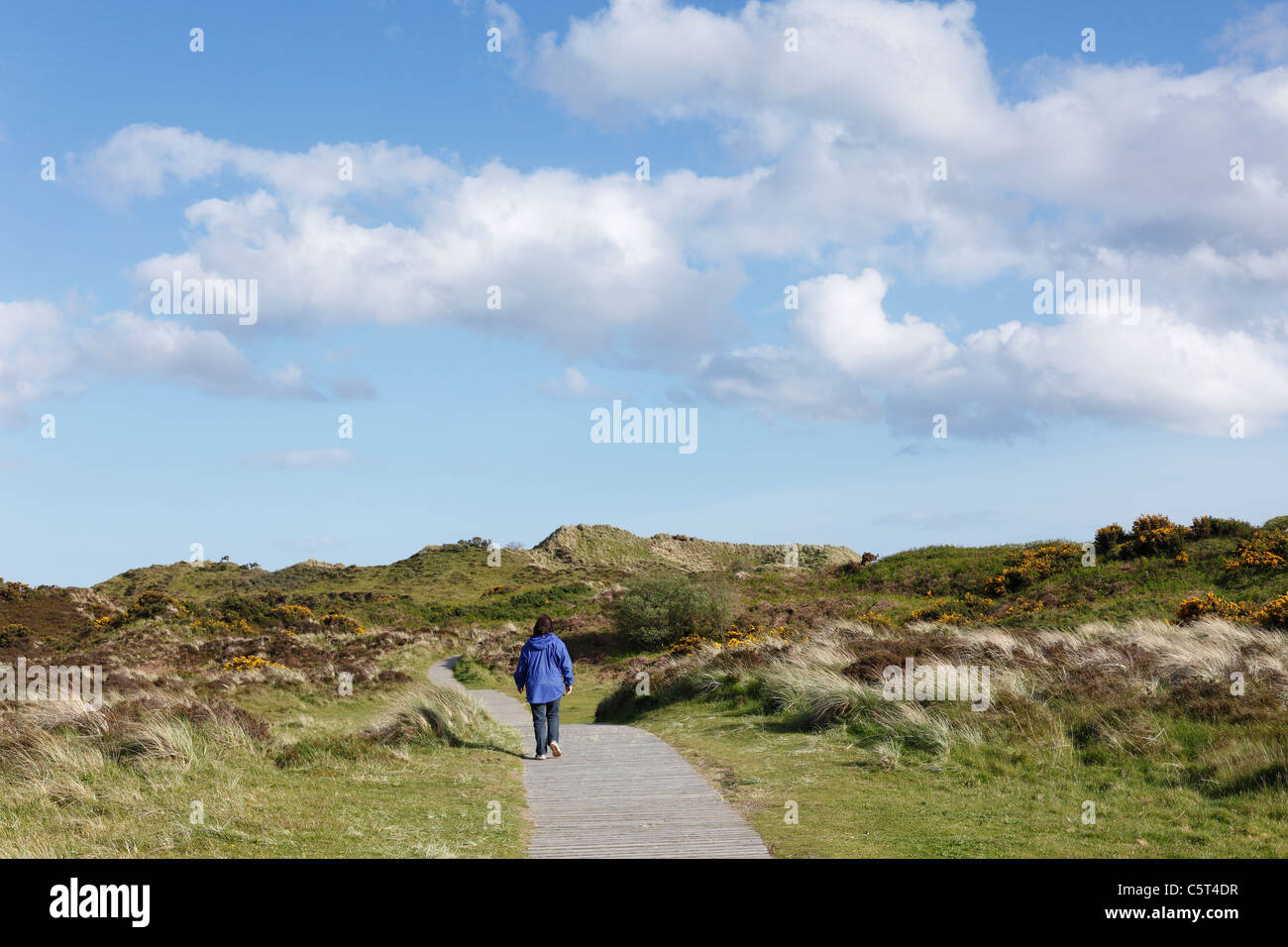 UK Northern Ireland County Down Newcastle Mourne Mountains  Murlough National Nature Reserve Person walking away near dunes Stock Photo