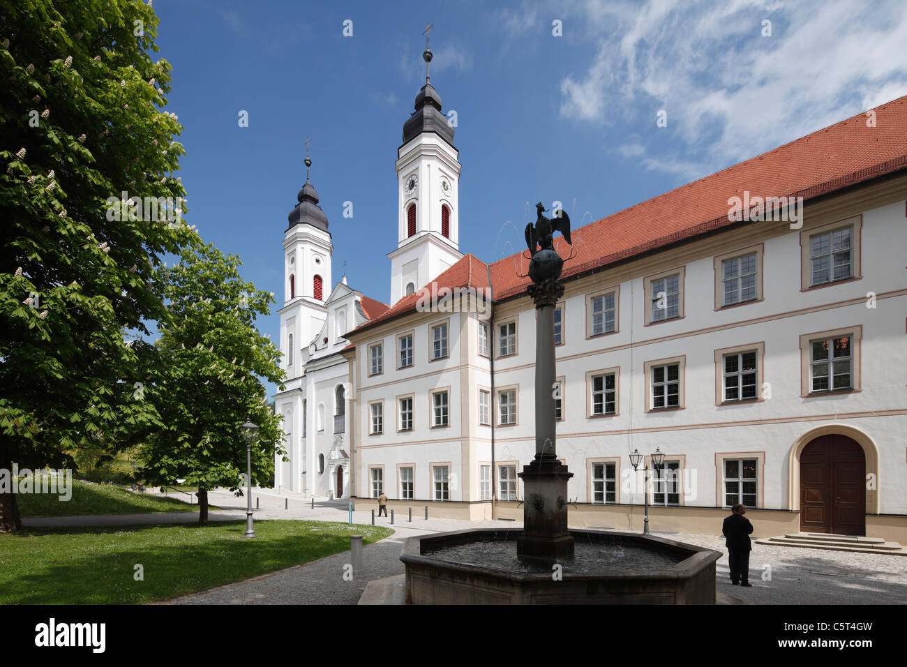 Germany, Bavaria, Swabia, Allgaeu, Irsee, View of abbey with fountain Stock Photo