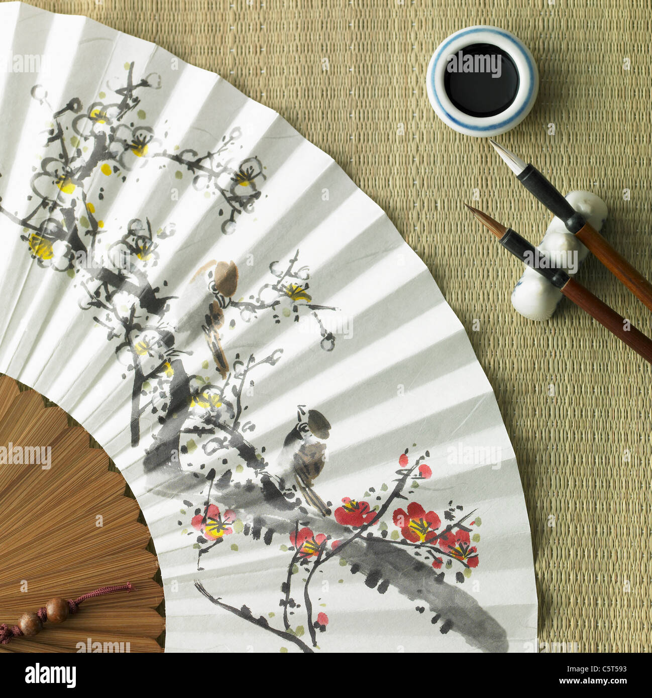 Korean traditional folding fan, brush and ink Stock Photo Alamy