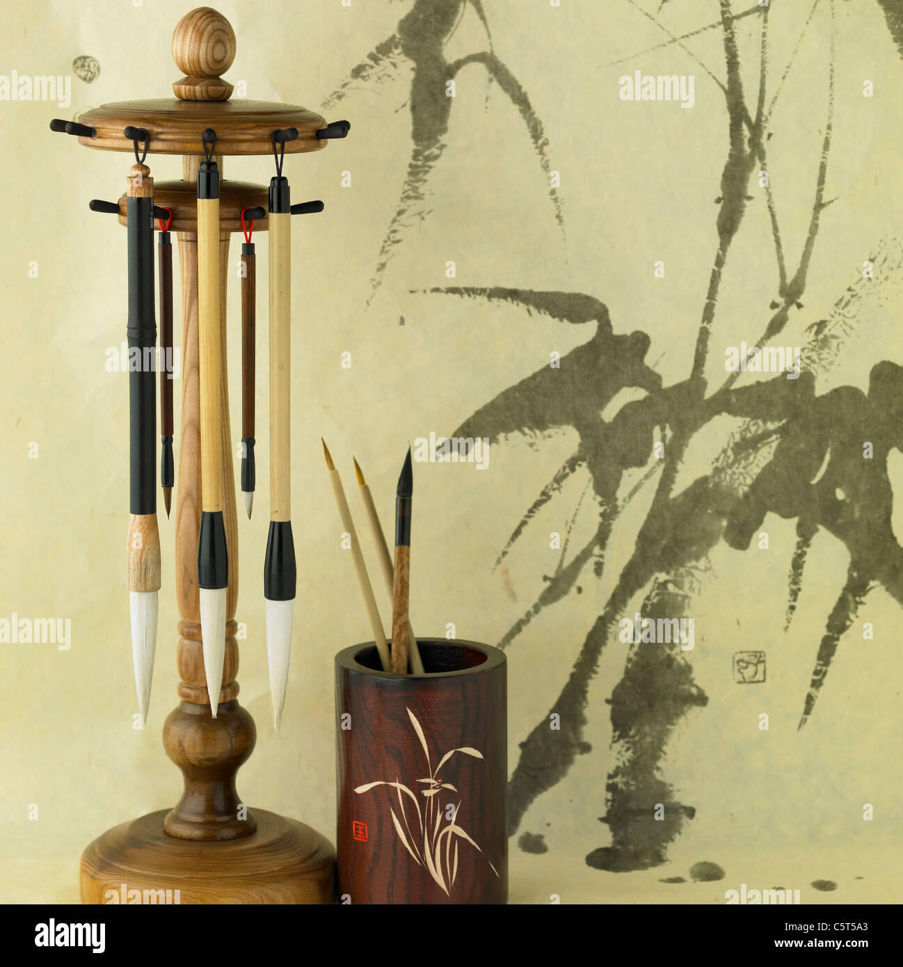 Korean traditional calligraphy brushes and picture Stock Photo