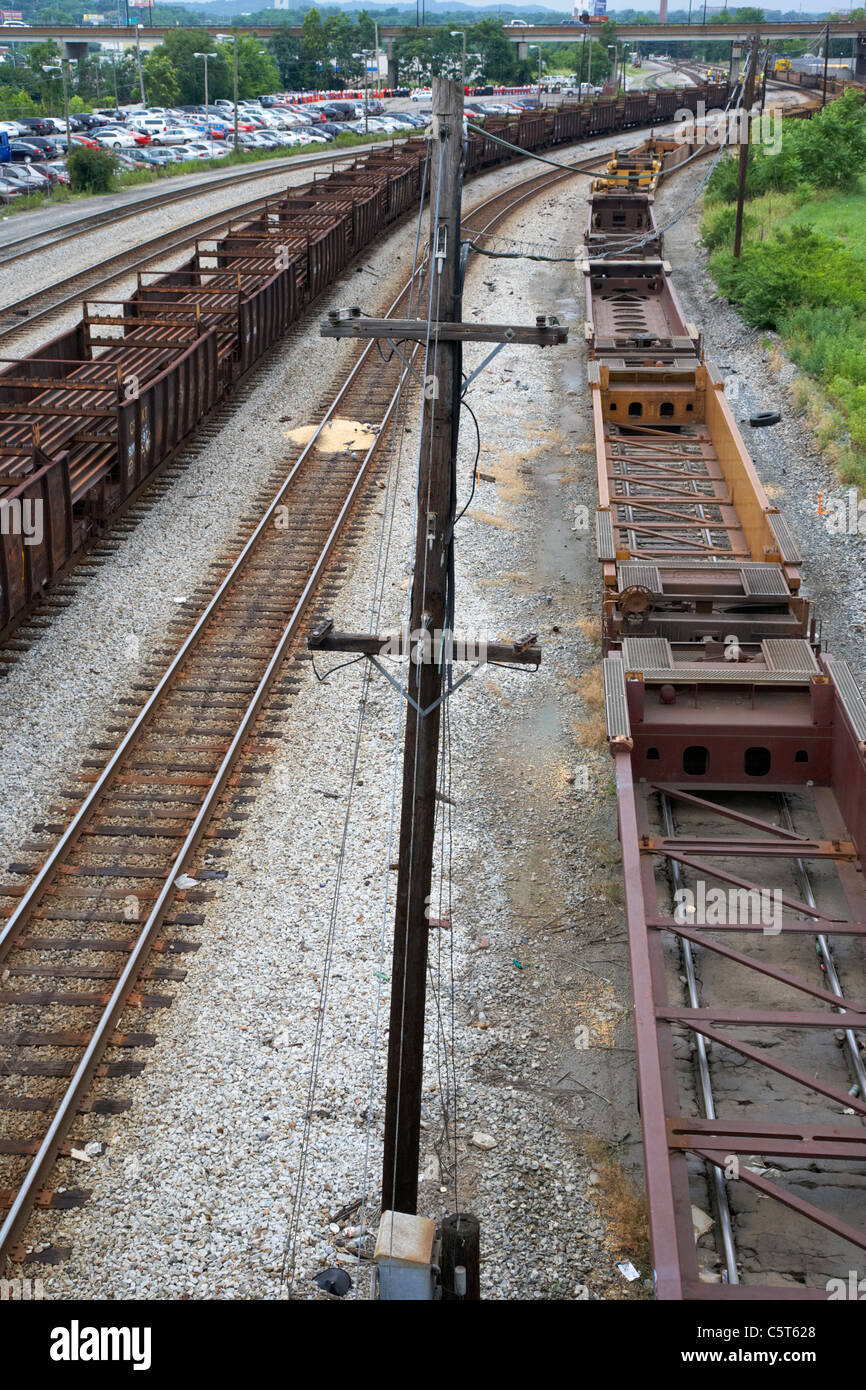 empty freight cars on railroad tracks in downtown Nashville Tennessee USA Stock Photo